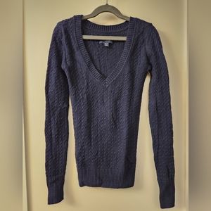 XXS American Eagle Outfitters Navy Blue Cable Knit V-Neck Sweater